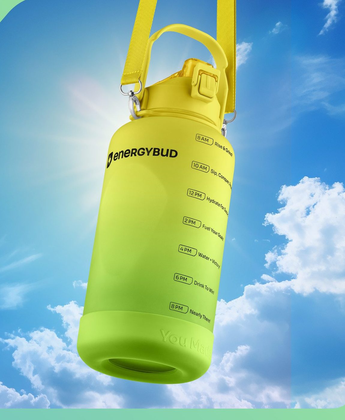 EnergyBud 1 gallon water bottle in Blue & Black with time markers